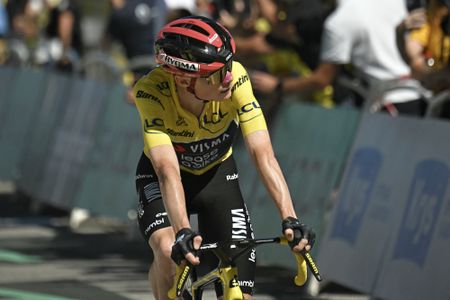 Team Visma | Lease a Bike's Danish rider Jonas Vingegaard cycles past the finish line to take second place in the 3rd stage of the 113th edition of the Tour de France cycling race, 196 km between Granollers and Les Angles in southern France, on July 6, 2026. (Photo by Loic VENANCE / AFP)