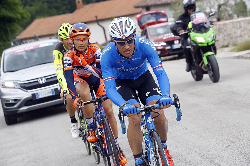 The day's breakaway led by Alexandr Kolobnev (Gazprom-Rusvelo)