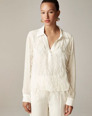 Bungalow Feather-Embellished Top in Chiffon