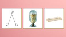 #CandleTok accessories including a trimmer, candle cloche and candle tray on a pink background