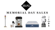 Memorial Day appliance sales graphic with cut out images of vacuum, coffee machine, mattress, blender