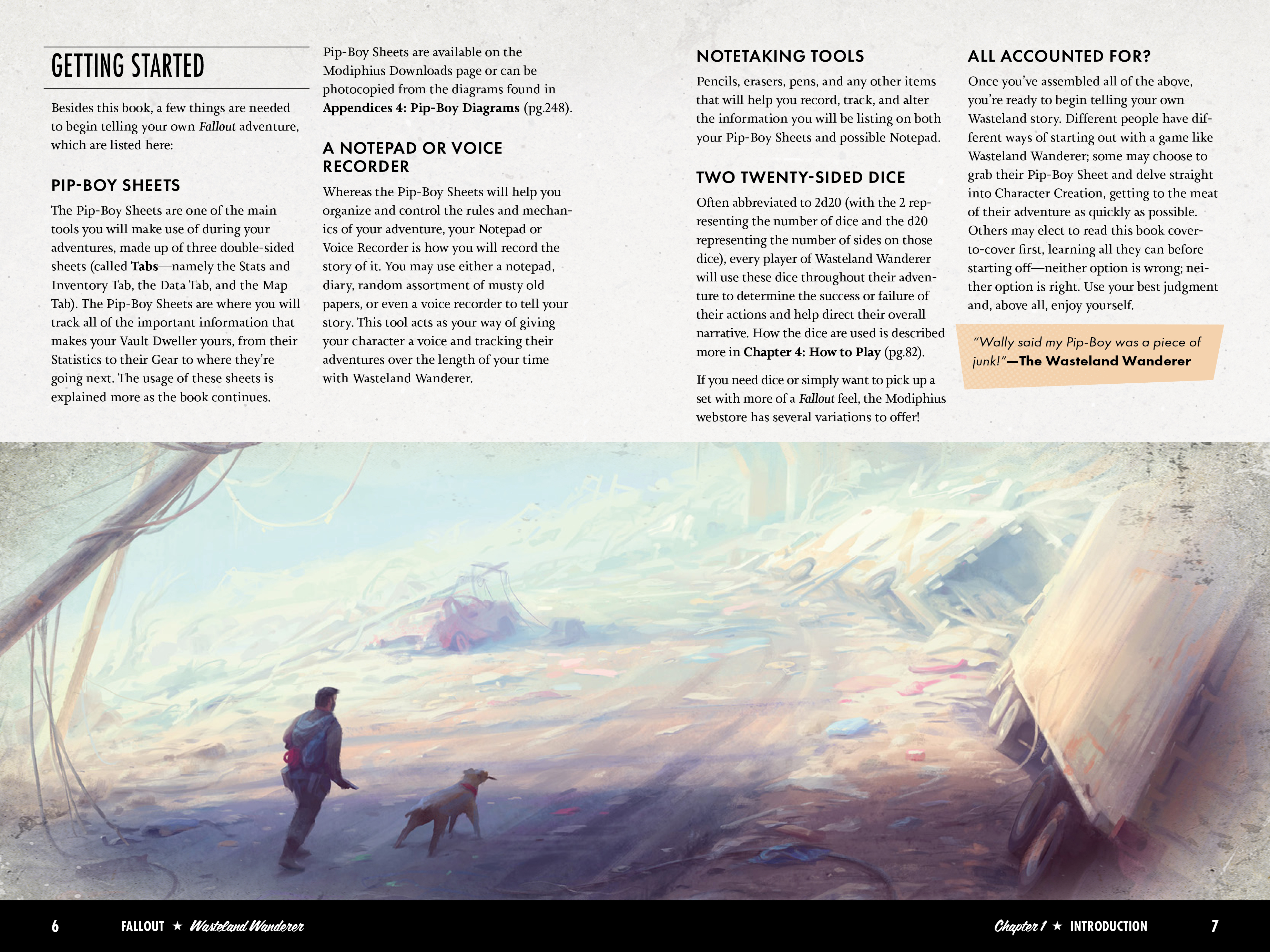 A double-page spread of the Fallout Solo RPG, with artwork and text