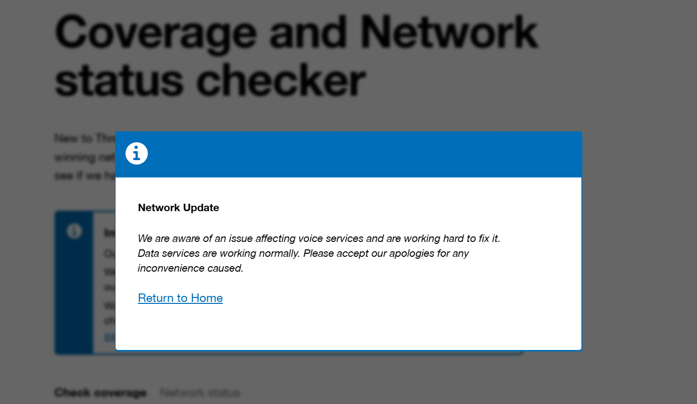 Three UK outage network checker screen