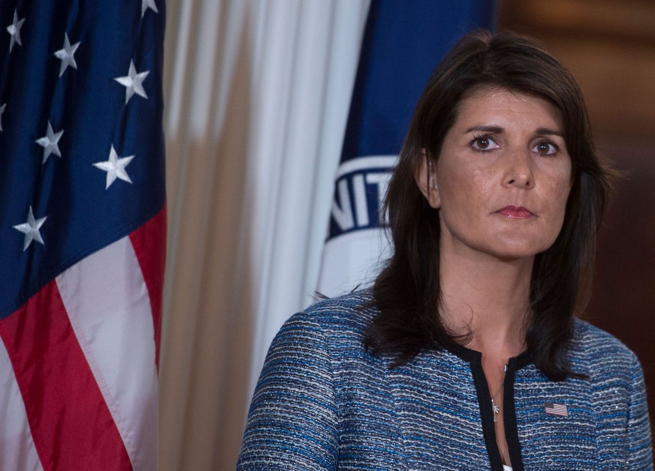 Nikki Haley speaks at the Department of State