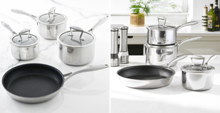 A set of stainless steel pans by ProCook, set up on a kitchen counter
