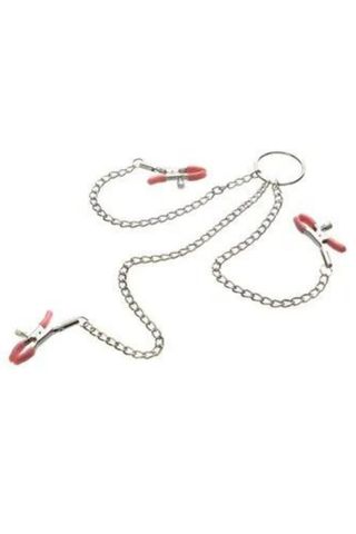 nipple and clitoris clamps connected by a chain