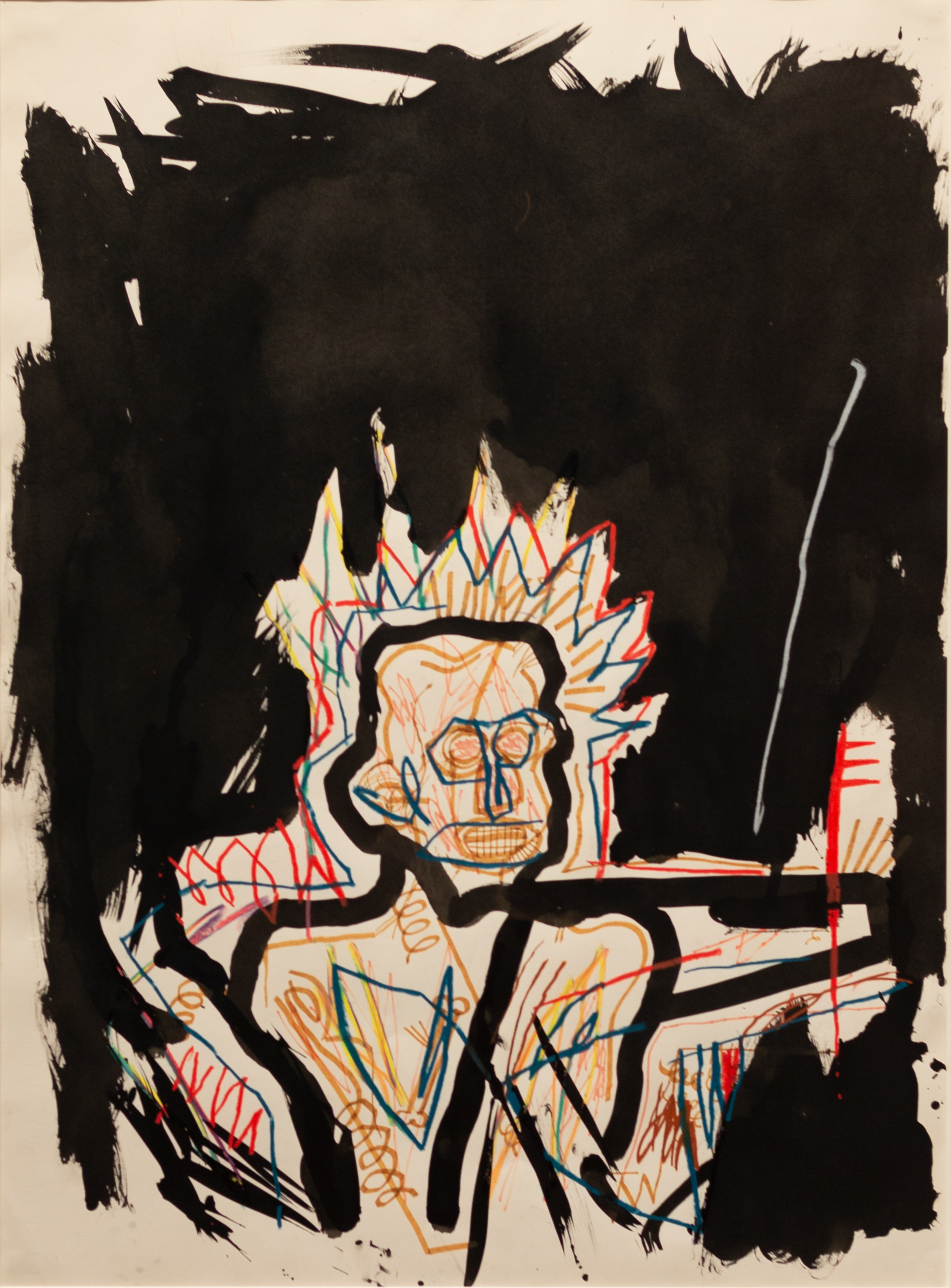 drawing of human head with black background, by Jean Michel Basquiat