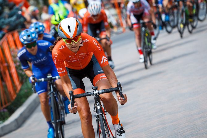 Abby Mickey (Rally) leads the main group through town on stage 1 of the 2018 Colorado Classic Women's Race