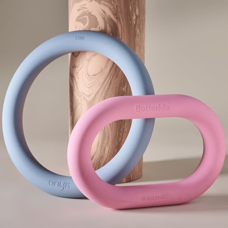 blue onyx weighted ring and pink betterme oval weighted ring