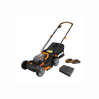 Worx WG 743E cordless lawn mower with batteries on white background