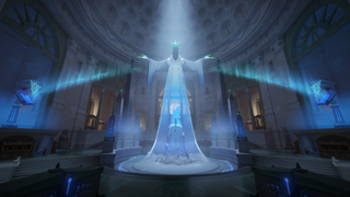 The Archmother standing in a blue light