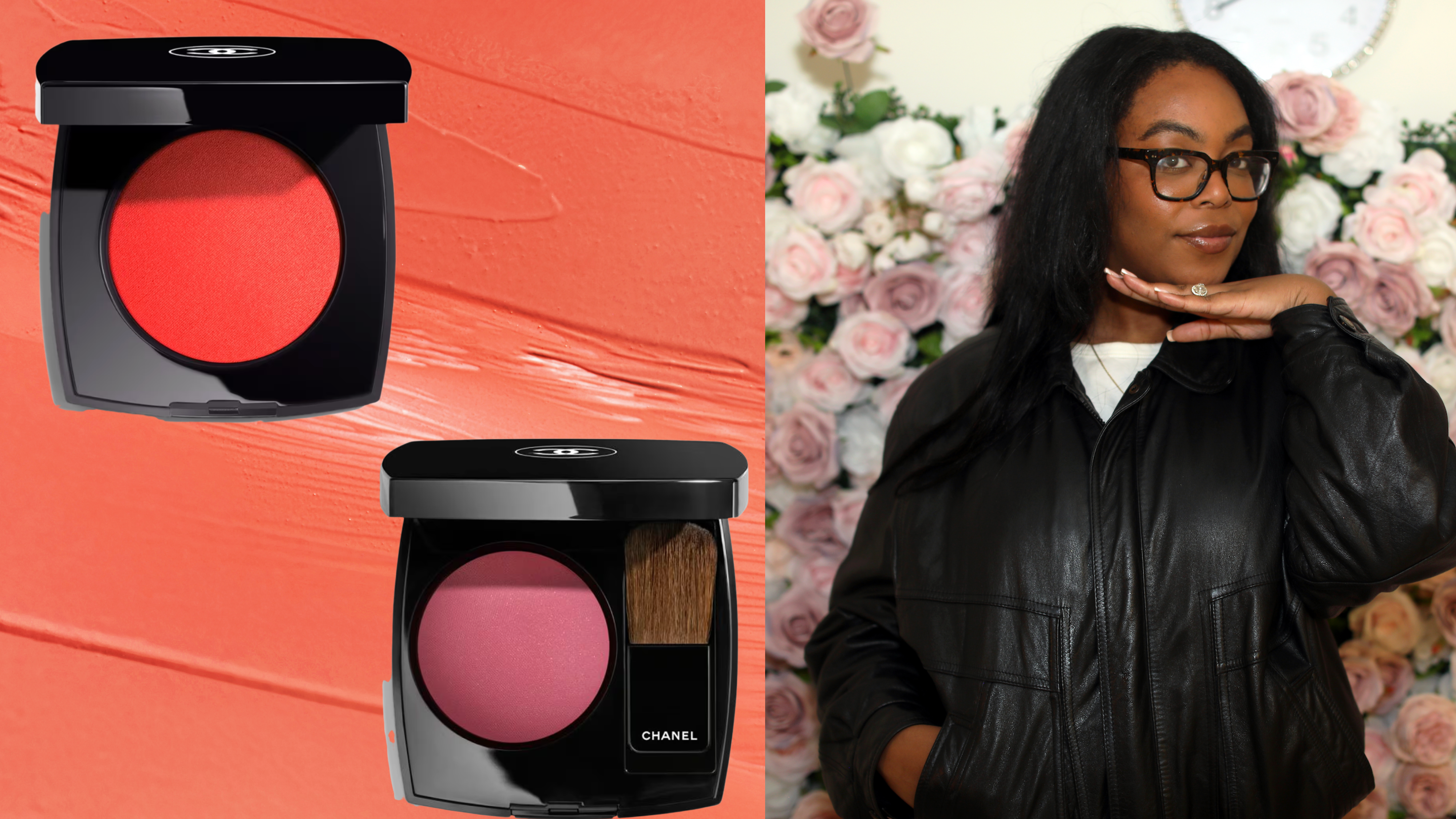 A picture of a woman with long black hair wearing a black leather jacket next to a picture of two open chanel blush compact. The compacts are in front of an orange lipstick swatch background. 