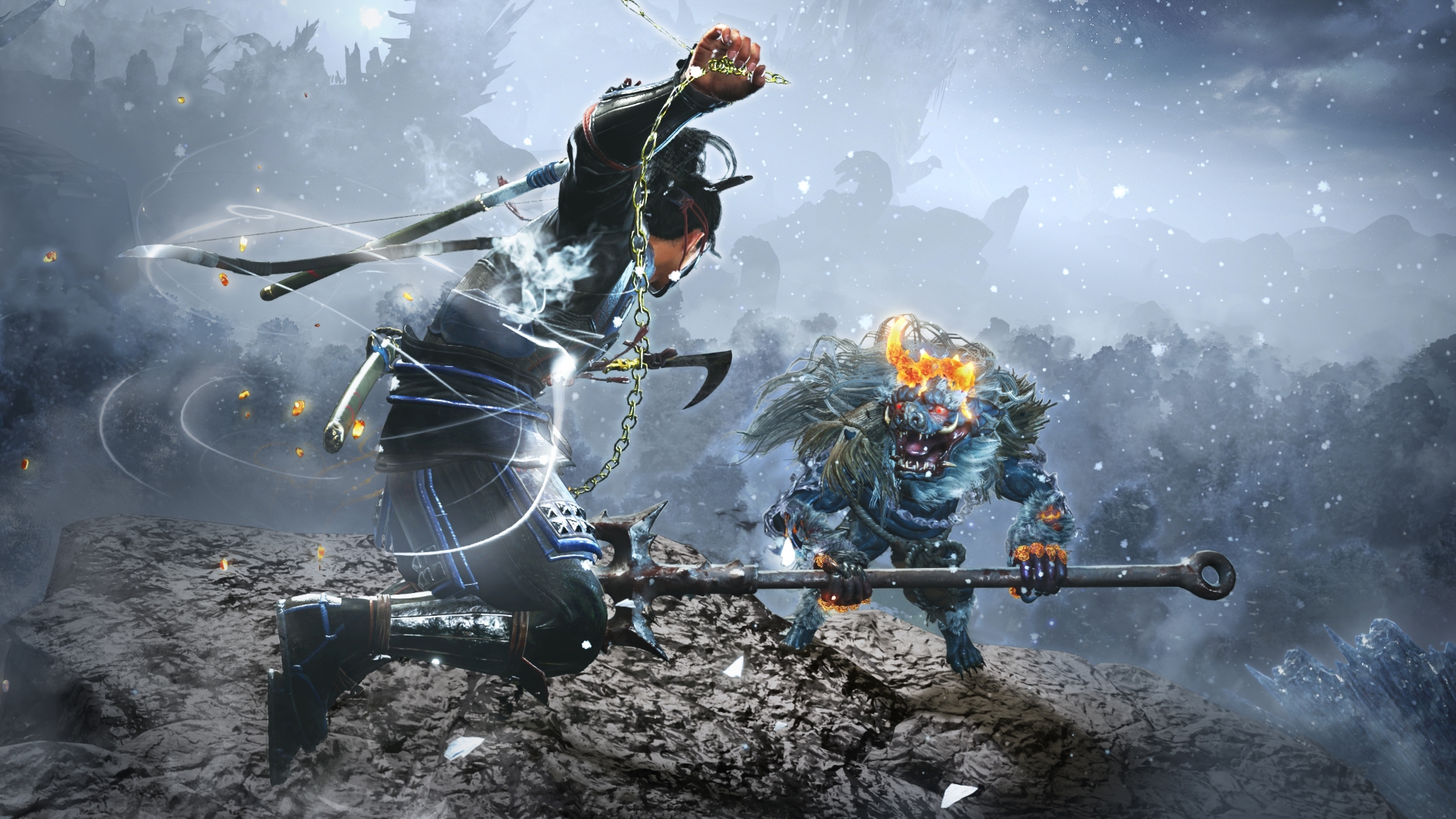 The player wields a kusarigama weapon against a demon in Nioh 3