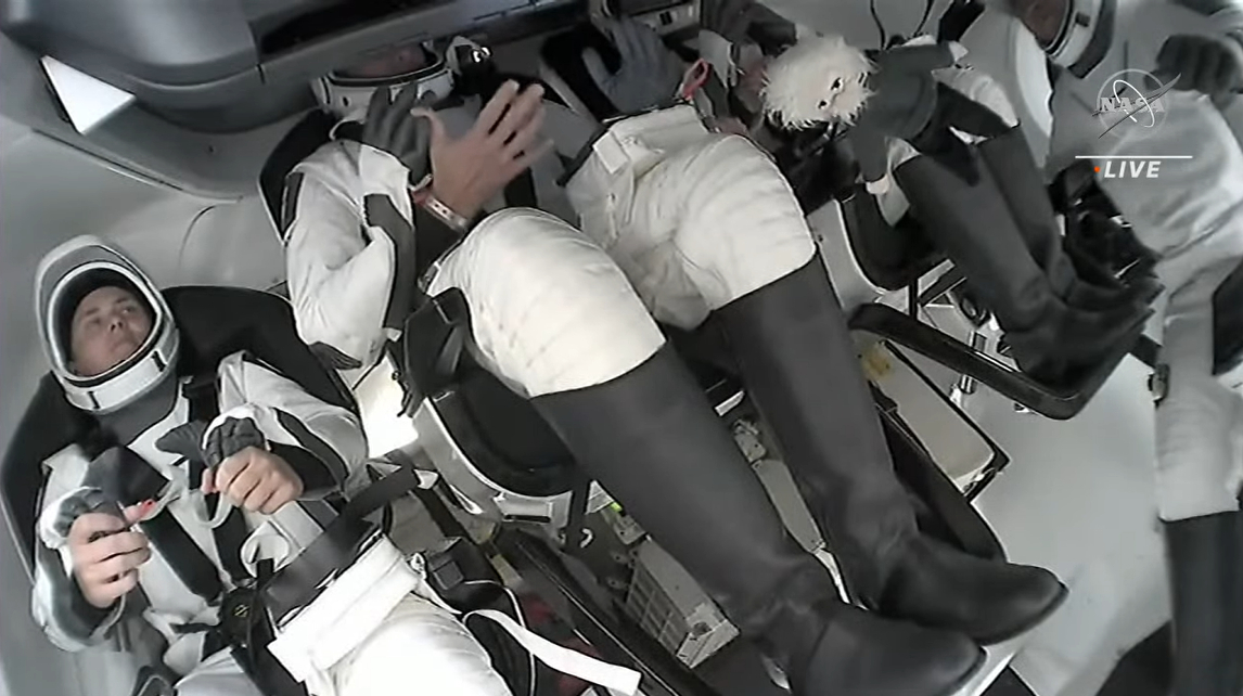 Small Albert Einstein floating in weightless with astronauts on SpaceX Dragon