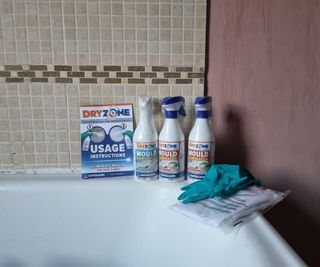 products included in a mould eliminator cleaning kit laid out on a bath top