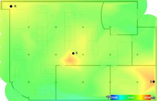 Purch Labs test with Google Wifi router at corner of workspace, one satellite node in center, and another satellite node in opposite corner. Red indicates strongest signal, blue weakest. Credit: Purch Labs