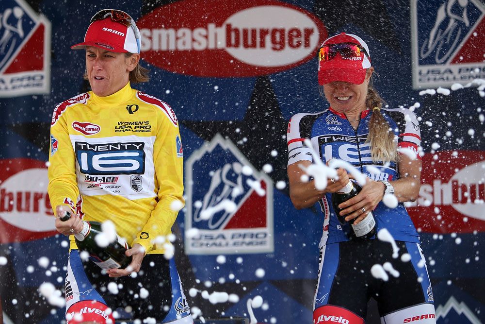Kristin Armstrong and Allie Dragoo (Twenty16 Sho-Air) celebrate on the podium