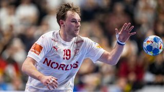 Mathias Gidsel of Denmark controls the ball all the scheme by scheme of the Males's EHF Euro 2024