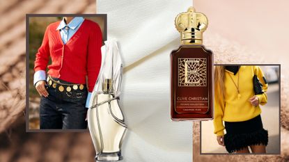 woman in red cashmere sweater on a cashmere background next to a cashmere perfume