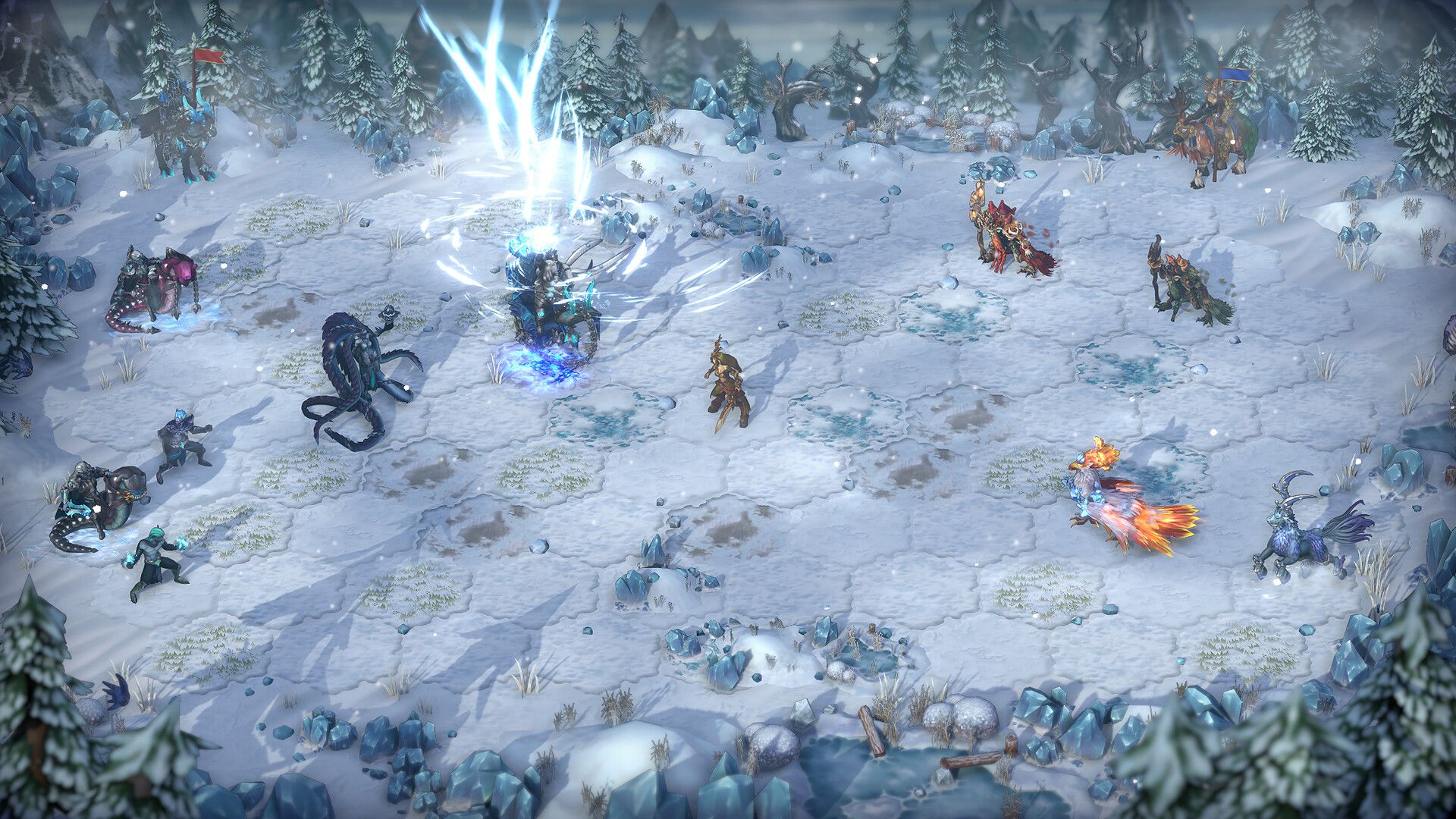 A snowy turn-based battle in Heroes of Might and Magic: Olden Era