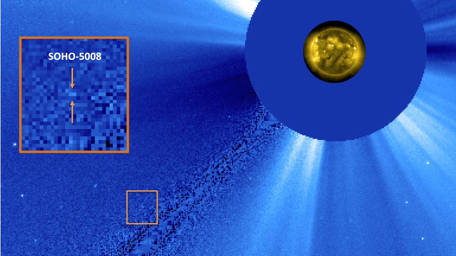 A blue coronagraph with an orange box highlighting the position of the new comet