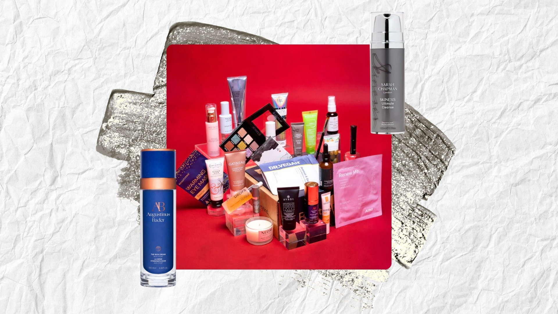 Face The Future The Festive Sparkle Edit on a white textured background with a silver sparkle swatch and images of two contents