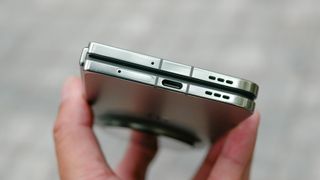 Closeup of USB-C port on the OnePlus Open.