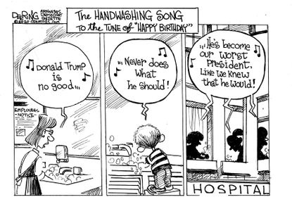 Political Cartoon U.S. Handwashing song Donald Trump worst president hospitals