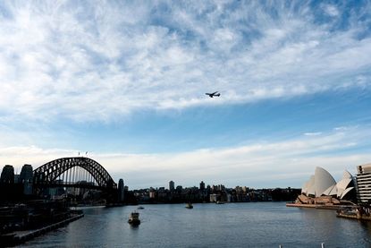 A Qantas flight over Sydney.