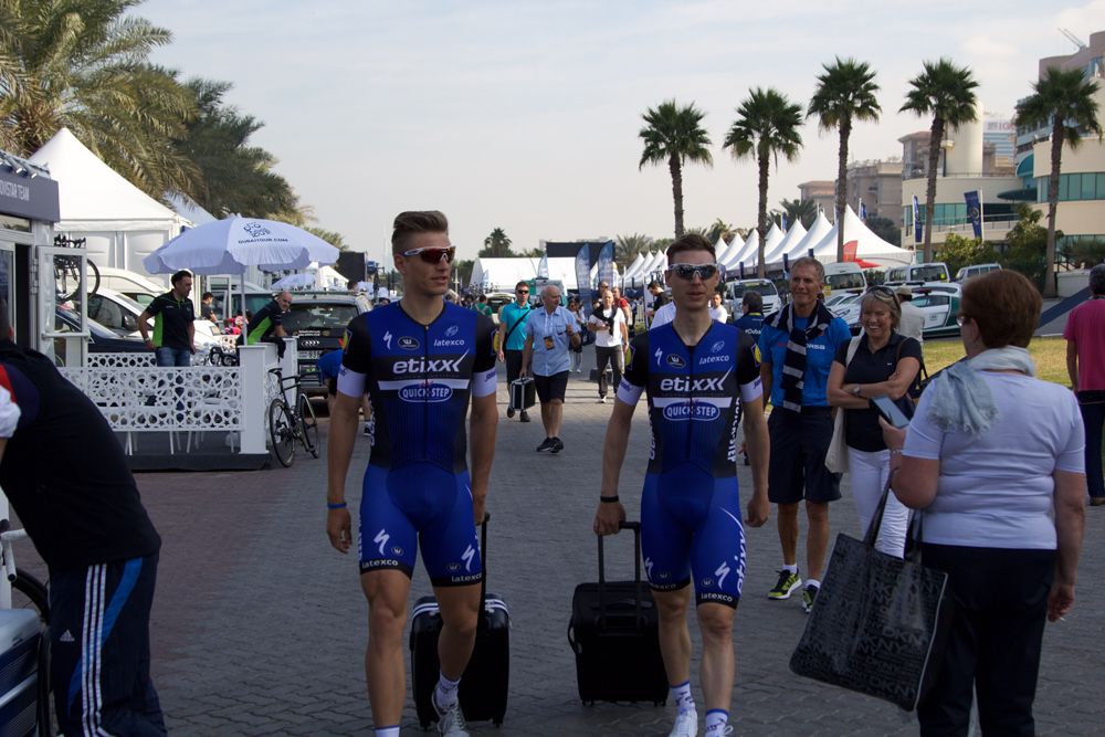 Marcel Kittel and Tony Martin arrive at the stage start