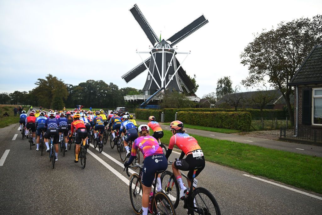 DOETINCHEM NETHERLANDS OCTOBER 12 LR Lonneke Uneken of The Netherlands and Team SD Worx Protime Karlijn Swinkels of The Netherlands and UAE Team ADQ and a general view of the peloton prior to the 26th Simac Ladies Tour 2024 Stage 5 a 140km stage from Doetinchem to Doetinchem UCIWWT on October 12 2024 in Doetinchem Netherlands Photo by Luc ClaessenGetty Images