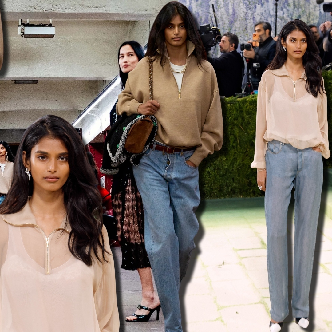 A collage compares Bhavitha Mandava&rsquo;s Chanel M&eacute;tiers d&rsquo;Art runway look&mdash;featuring relaxed trompe l&rsquo;oeil denim and a beige quarter-zip sweater&mdash;with her similarly styled 2026 Met Gala outfit.