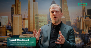 A screenshot from an HPE Clouded video showing Russell Macdonald, CTO Public Sector and Hybrid Cloud at HPE