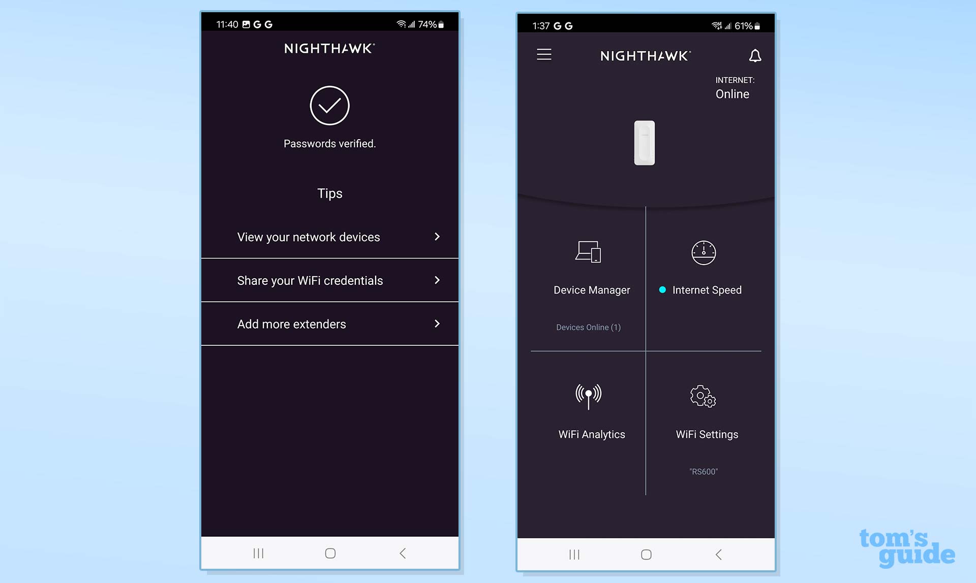 Screenshots showing the Netgear EAX17 password setup and main menu