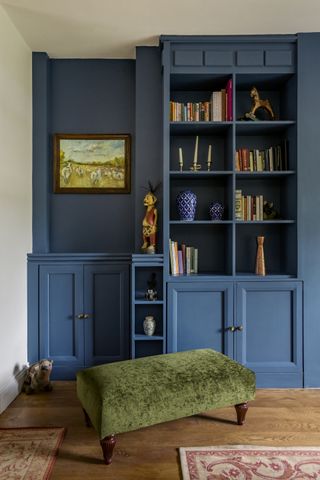 livingroom built in bookshelves in blue