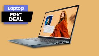 Dell Inspiron 14 Plus laptop against orange background