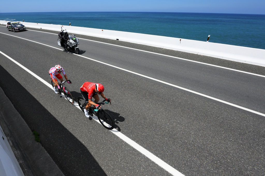 BAYONNE FRANCE JULY 03 EDITORS NOTE Alternate crop LR Neilson Powless of The United States and Team EF EducationEasyPost Polka dot Mountain Jersey and Laurent Pichon of France and Team ArkaSamsic compete in the breakaway during the stage three of the 110th Tour de France 2023 a 1935km stage from AmorebietaEtxano to Bayonne UCIWT on July 03 2023 in Bayonne Spain Photo by David RamosGetty Images