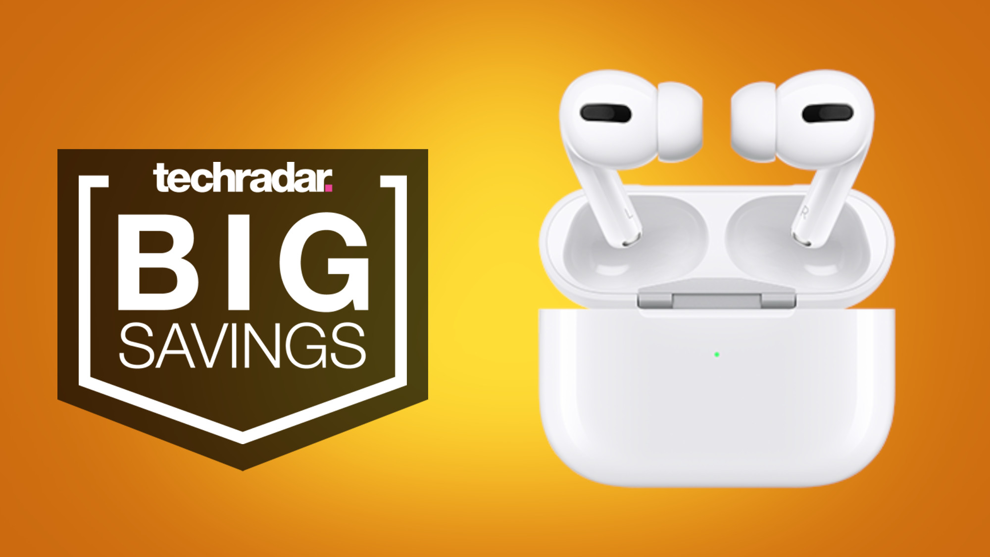 नारंगी रंग की पृष्ठभूमि पर Apple AirPods Pro