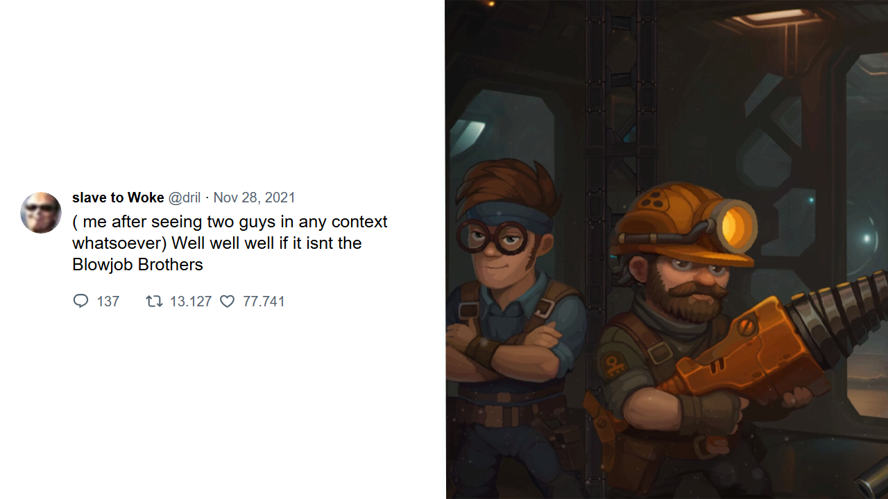 A dril tweet alongside art from the game Drillcore