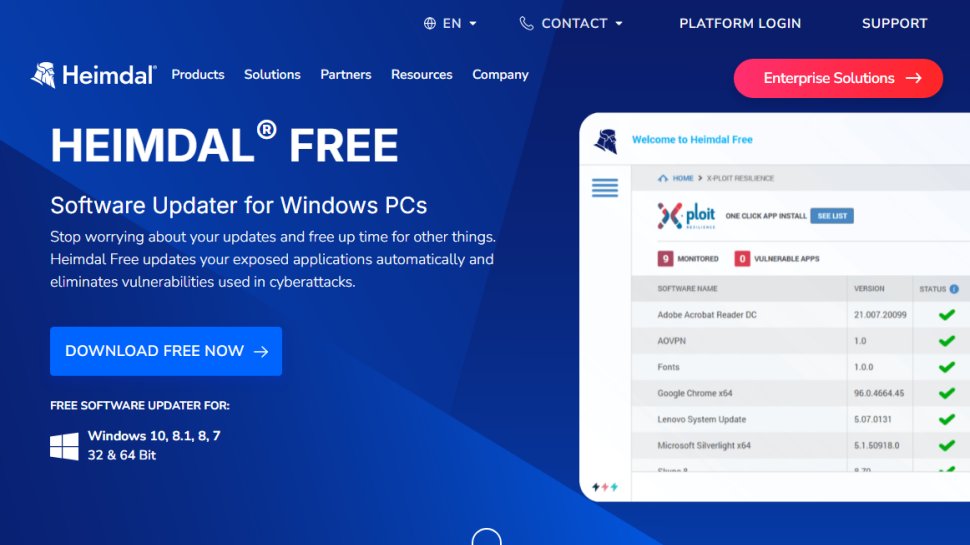 Website screenshot of Heimdal Free (August, 2025)