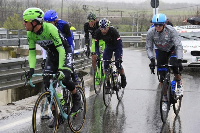 Maarten Tjallingii (Belkin), Nathan Haas (Garmin-Sharp), Matteo Bono (Lampre-Merida) Marc de Maar (Unitedhealthcare) and Nicola Boem (Bardiani) in the breakaway