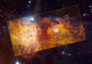 This new image from ESO's Atacama Pathfinder Experiment (APEX) radio telescope captures the Flame Nebula, which is the large cosmic feature on the left, and its surroundings within the Orion Constellation.