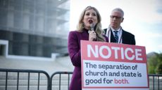 Rev. Shannon Fleck and Rev. Paul Brandeis Raushenbush oppose Oklahoma religious charter school before Supreme Court building