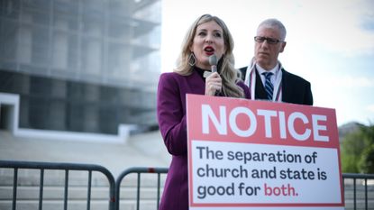 Rev. Shannon Fleck and Rev. Paul Brandeis Raushenbush oppose Oklahoma religious charter school before Supreme Court building