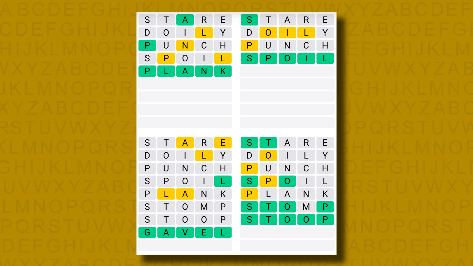 Respuestas diarias de Quordle para el juego 820 sobre un fondo amarillo