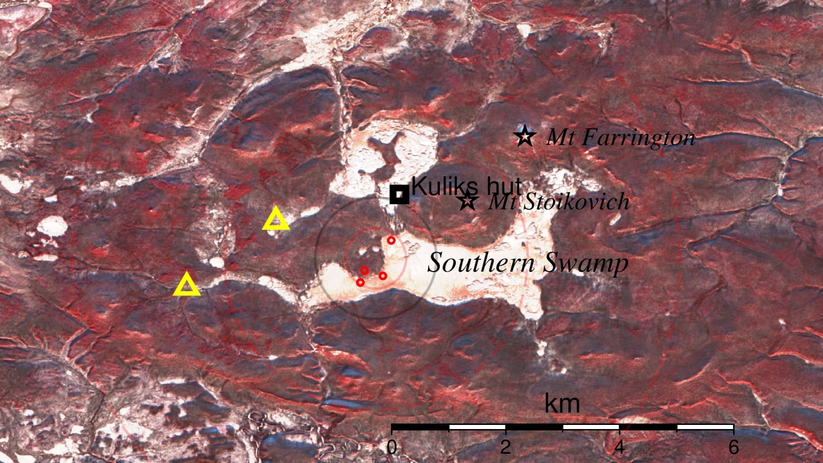 A topographical map with red and white colors showing Siberia, with a circle in the middle revealing the impact of the Tunguska crater