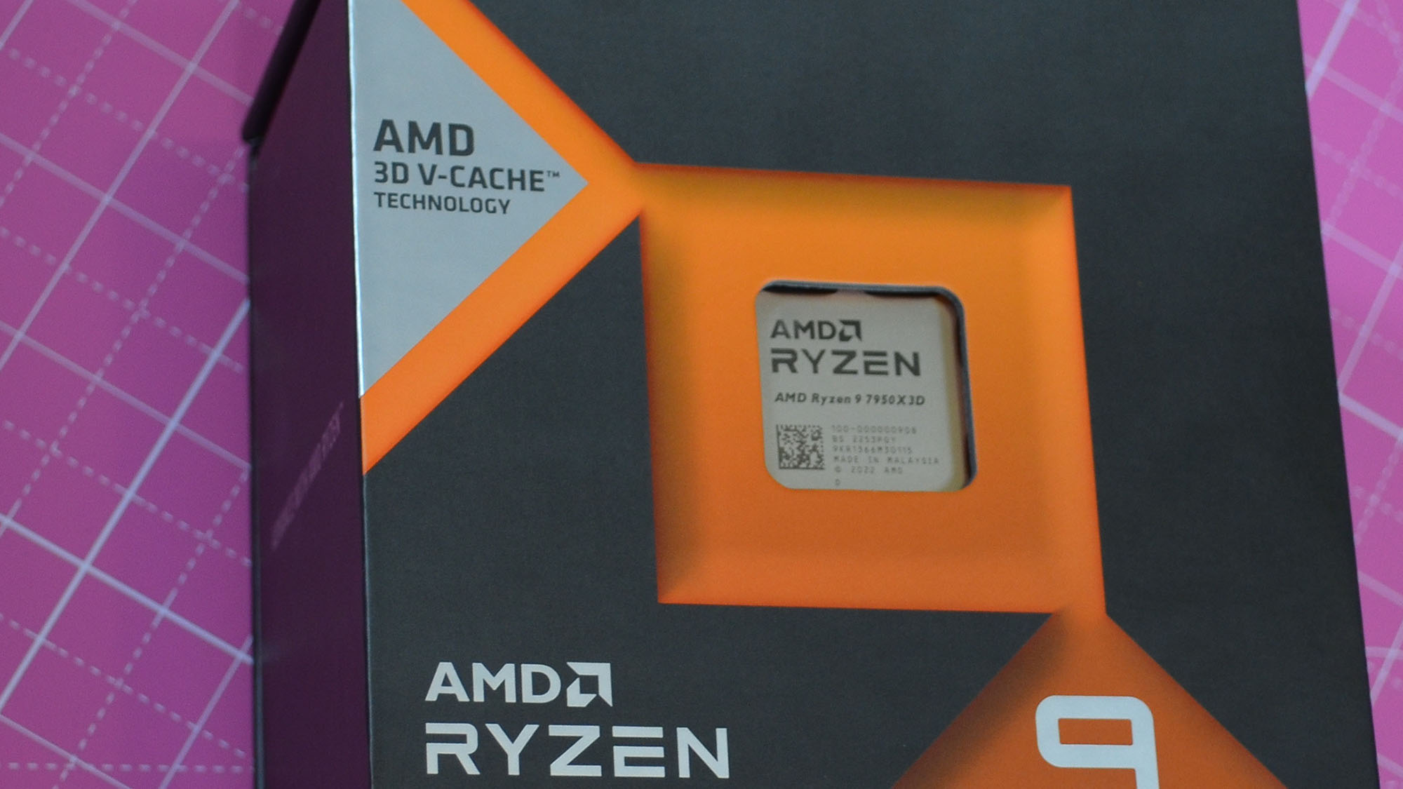 An AMD Ryzen 9 7950X3D inside its retail packaging