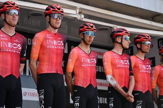 SANT FELIU DE GUIXOLS SPAIN MARCH 18 LR Salvatore Puccio of Italy Laurens De Plus of Belgium Egan Bernal of Colombia Ethan Hayter of Great Britain and Oscar Rodriguez of Spain and Team INEOS Grenadiers prior to the 103rd Volta Ciclista a Catalunya 2024 Stage 1 a 1739km stage from Sant Feliu de Guixols to Sant Feliu de Guixols UCIWT on March 18 2024 in Sant Feliu de Guixols Spain Photo by David RamosGetty Images