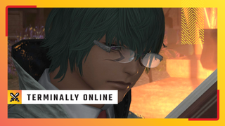 Koana, a character from FF14's Dawntrail, reads from a tome - overlaid is PC Gamer's design for the Terminally Online column.