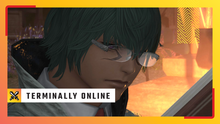 Koana, a character from FF14&#039;s Dawntrail, reads from a tome - overlaid is PC Gamer&#039;s design for the Terminally Online column.